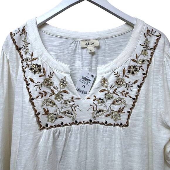 Style & Co.Boho Top Plus Size 2X Tunic Tee Cream Brown Embroidery Women Boho NWT - Picture 3 of 11
